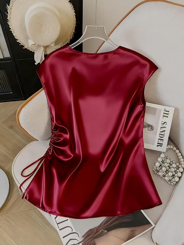 Women's Spring/Summer Solid Color Satin V-Neck Drawstring Top