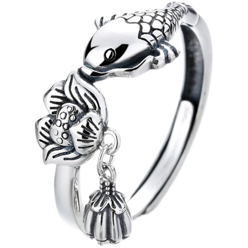 Lucky Fortune Koi Fish Ring, Ethnic Style, Abundant Fortune, Vintage Lotus Pod Open Ring, Direct Sale