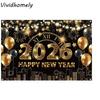 Shiny 2026 New Year Backdrop Banner Colorful Balloon Letter Party Background Decoration Polyester Champagne Celebration Banner
