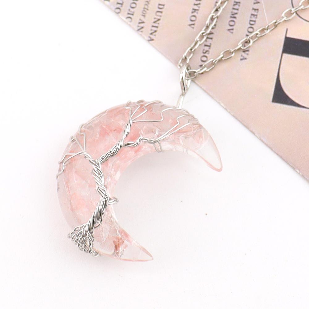Chakela Crescent Moon Tree of Life Necklace with Natural Crystal Stones