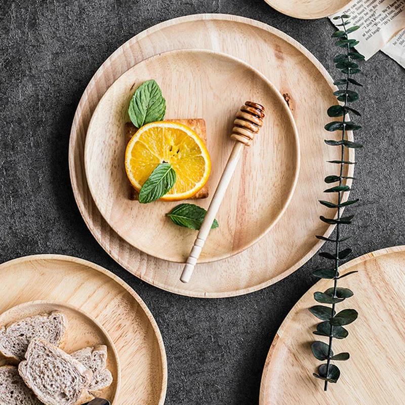 1Pc Round Wooden Plate Snack Dessert Plate Serving Tray Cake Fruit Dishes Food Plate Appetizer Tray Wooden Utensils Tableware