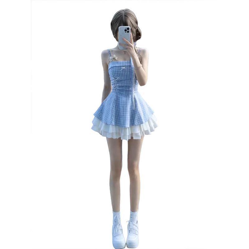Elegant Plaid Bow Puffy Short Skirt Halter Dress for Women - Summer 2026