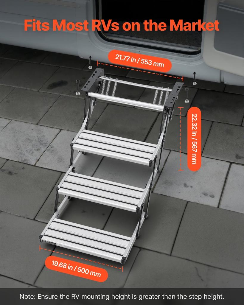 RV Steps, 3-Step, 200 kg Load Capacity, Manual Retractable RV Stairs, Telescopic Folding Aluminum Alloy Camper Steps, Steel Frame Non-Slip Entry