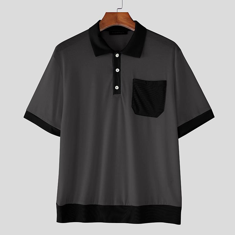 

INCERUN Men Casual Loose Lapel Short Sleeve Stitching Office T-shirts Tops 4XL