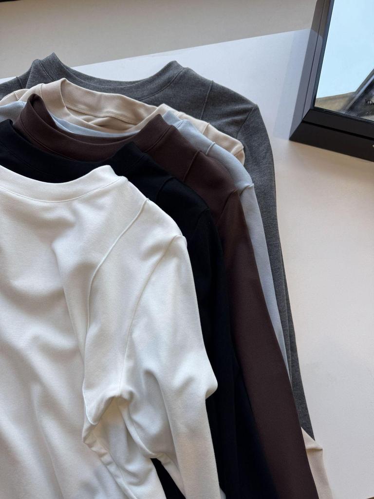 2025 Autumn/Winter Women's Slimming Fishbone Shoulder Base Shirt - Warm Brushed Inner Top