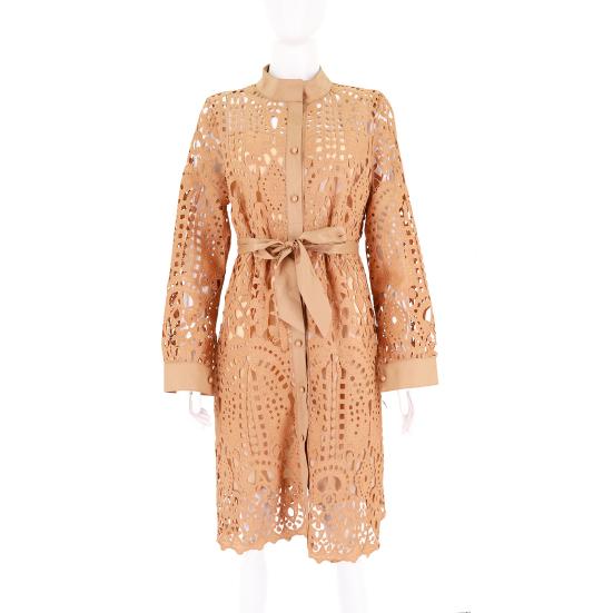 Shirt Dress Hollow Out Lace Spring Summer Slim-fitting Belted Dress for Daily Wear
