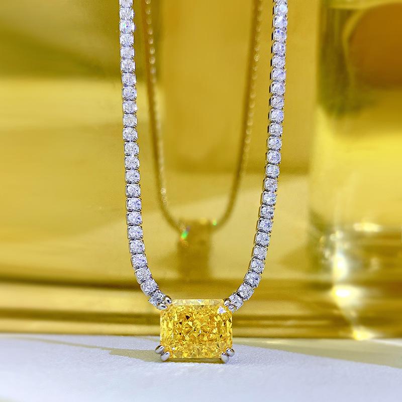 Luoxi Temple S925 Silver Necklace with Pink, White, and Yellow Rectangular High Carbon Diamonds - European and American INS Style