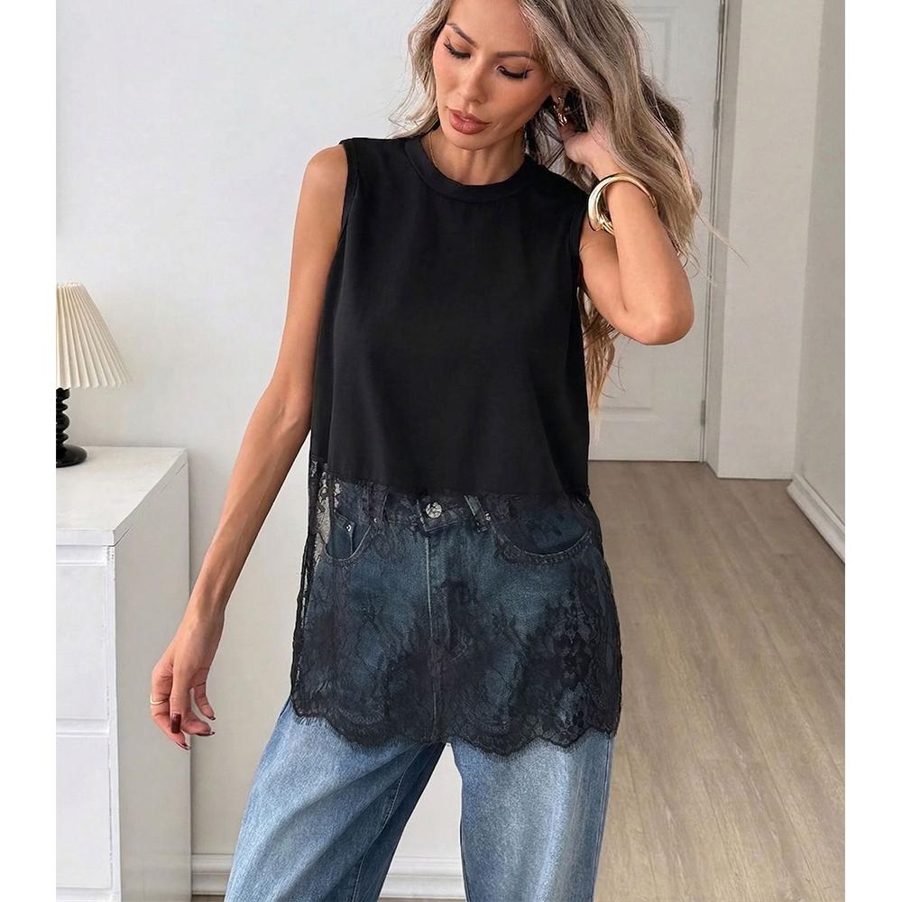 Women s Lace Tank Tops Patchwork Crewneck Sleeveless Summer Going Out Tops S чёрный