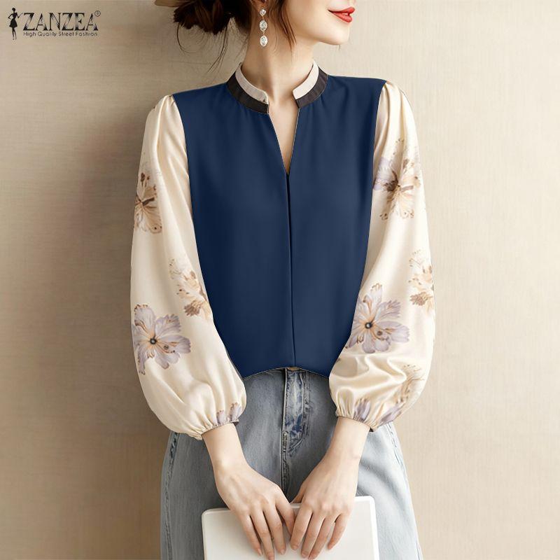 ZANZEA Women Casual V-neck Print Splice 3/4 Sleeve Loose Blouse