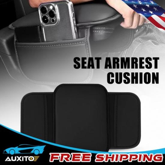 Black Leather Seat Cushion Armrest Protector Storage Pad Interior Car Accessory