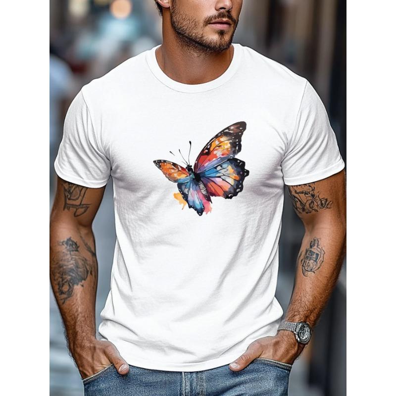 Men's Navy Blue & Multicolor Butterfly Print T-Shirt - Summer Casual Short Sleeve Round Neck Relaxed Fit - Solid Color Base & Multicolor Wing Detail