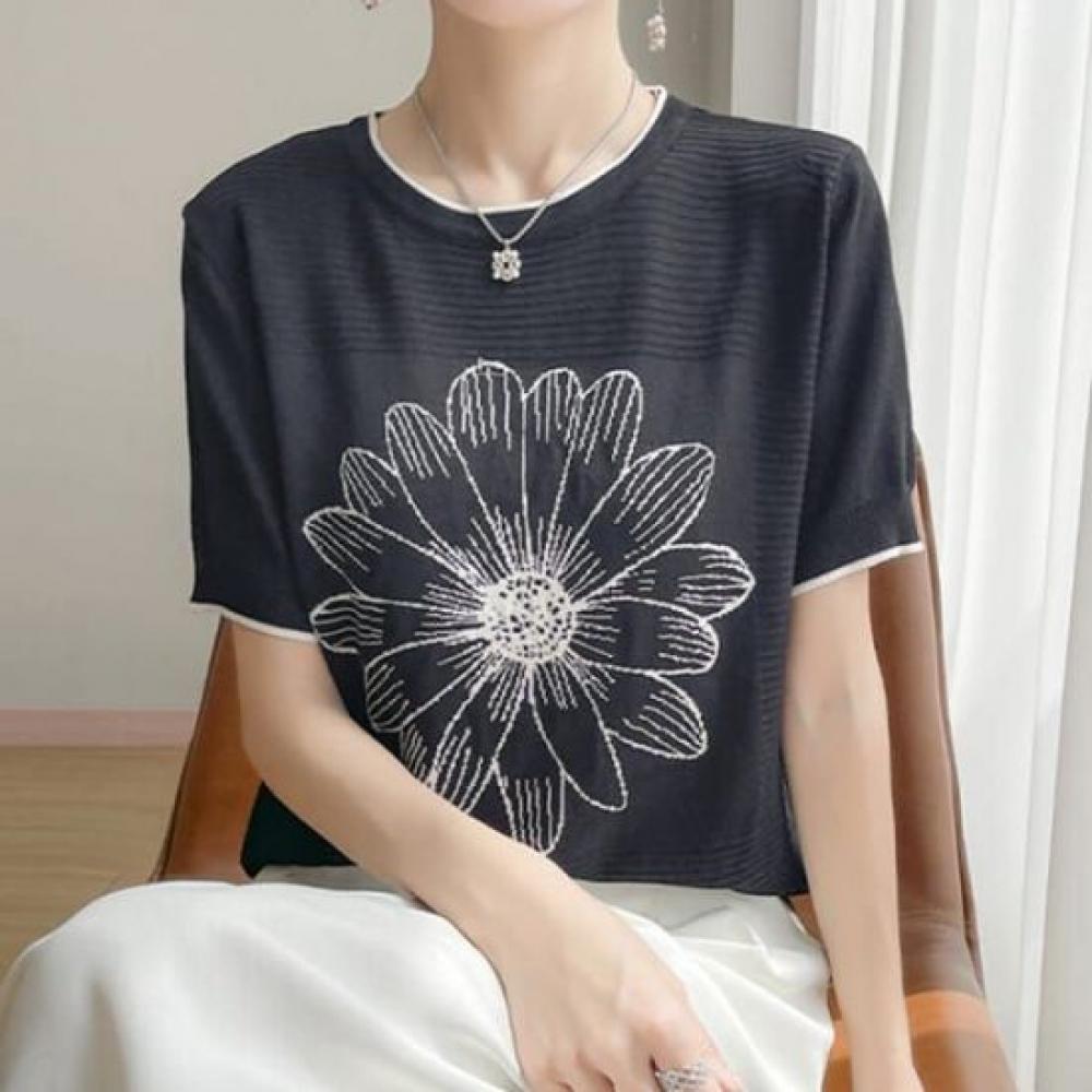 Navava Women Flower Color Block Short Sleeve Knit Tee Nk3035