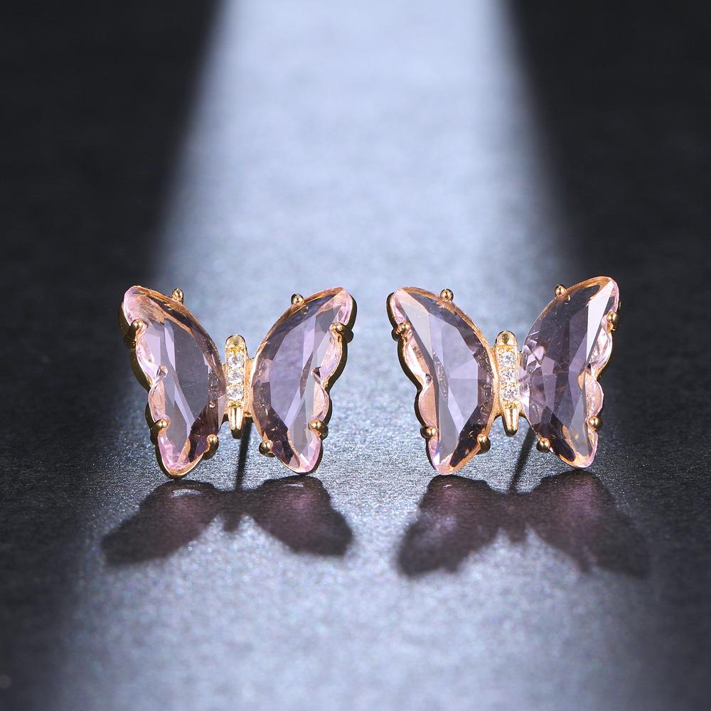 Crystal Glass Butterfly Stud Earring for Women Hole Green Transparent Animal Jewelry Christmas Girl Gift