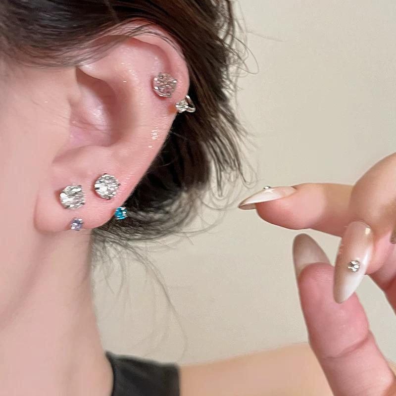 Stainless Steel Blue Rhinestone Stud Earrings for Women Delicate Sweet C-Shaped Cartilage Earrings Casual Versatile Jewelry Gift
