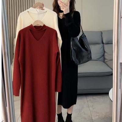 Casaco de malha de alta qualidade vestido longo suéter feminino outono e inverno solto sólido decote em v suéter nicho vestido pulôver feminino