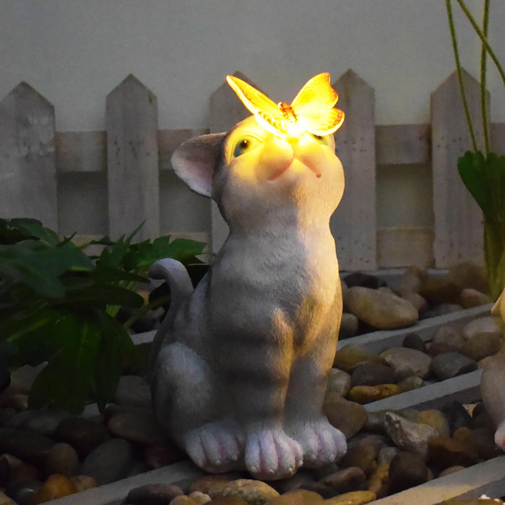 Solar Bunny Cat Statue Garden Decor LED Light Resin Animal Sculpture Figurine Outdoor Decoration for Courtyard