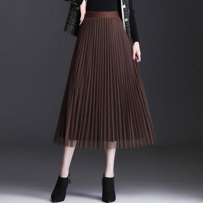 Women Autumn Winter Solid Color Mesh Skirt Female High Waist Reversible Wear Pleated Skirts Ladies Long Loose Skirts