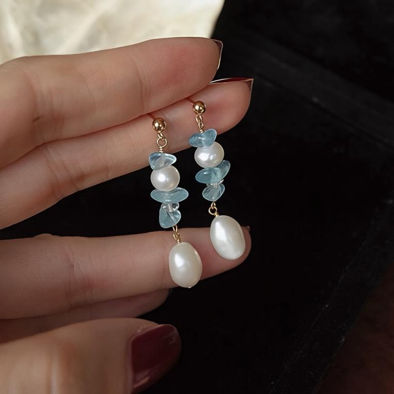 Haifengyin natural aquamarine freshwater pearl stud earrings retro light luxury high sense gentle temperament niche earrings