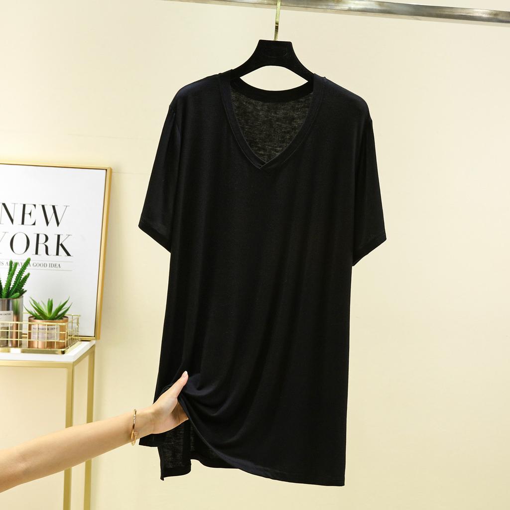 Damen V-Ausschnitt Kurzarm T-Shirt Lockerer Schnitt Lässiges Modal Strickoberteil Einfarbig Sommer Mittellanges Layering-Shirt