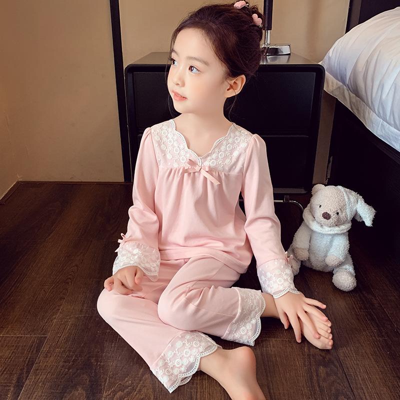 Girls' Home Clothes Set Spring and Autumn New Lace Lace Children's Loose Long Sleeve Pajamas Sleepy Pants Sweet Two Piece Set