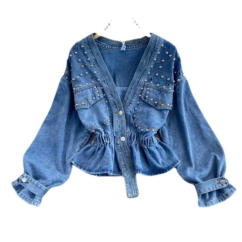 Giacca in denim da donna, primavera e autunno, ampia, alla moda, con perline, scollo a V, vita corta