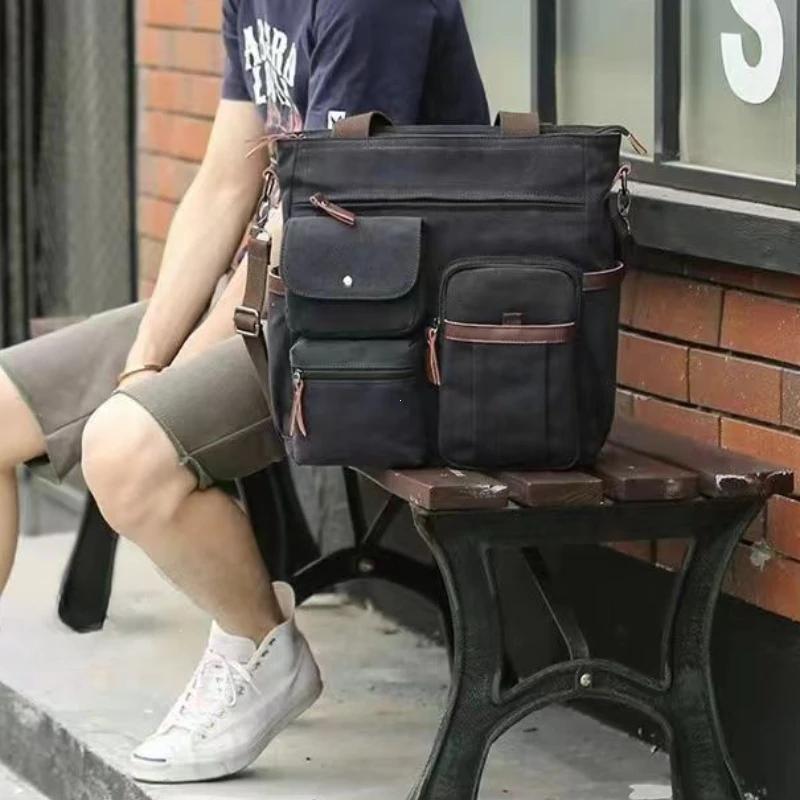 Vintage Men's Canvas Messenger Bag Unisex Crossbody Bags Large Capacity Shoulder Bag for Travel Work Multi Pocket Briefcase