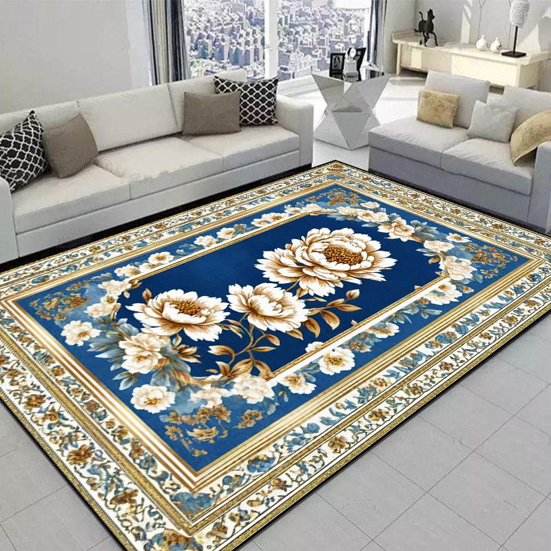 Carpet for Living Room European Classical Blue Flower Carpet Non-slip Bedroom Large Area Floor Mat Washable Cloakroom Lounge Rug