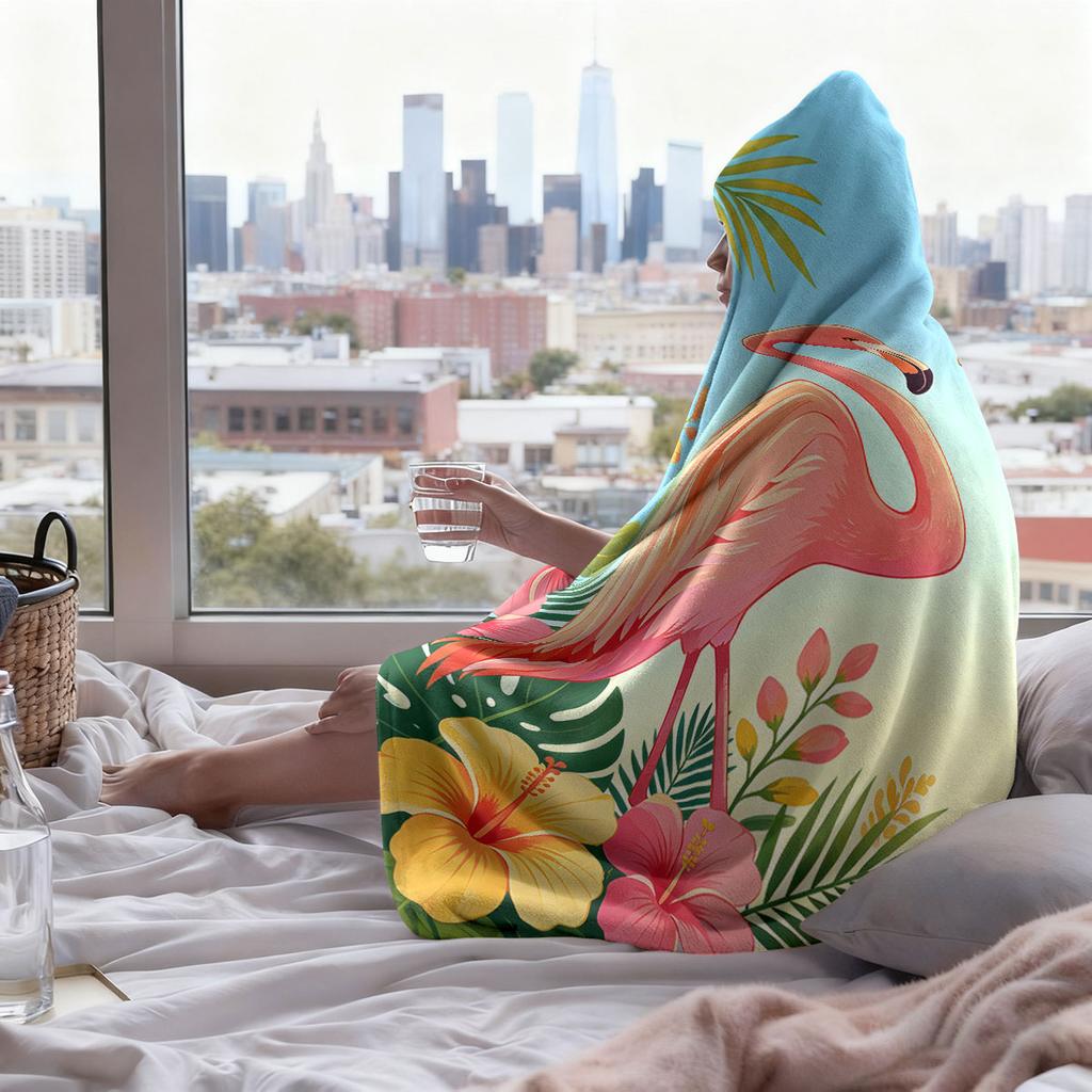 1pc Flamingo Animals Printed Flannel Hoodie Wearable Cloak Blanket Soft Warm Multi Size Casual Blanket Machine Washable