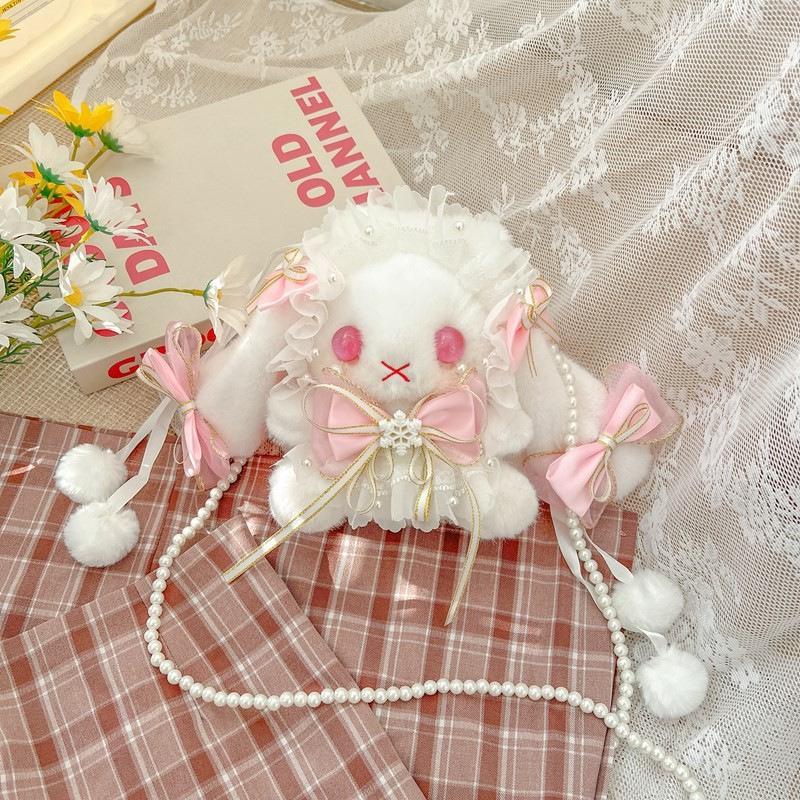 Lolita Plüsch Hasen Tasche mit Schleife, Perlenkette und Herz Design - Süße Girly Umhängetasche