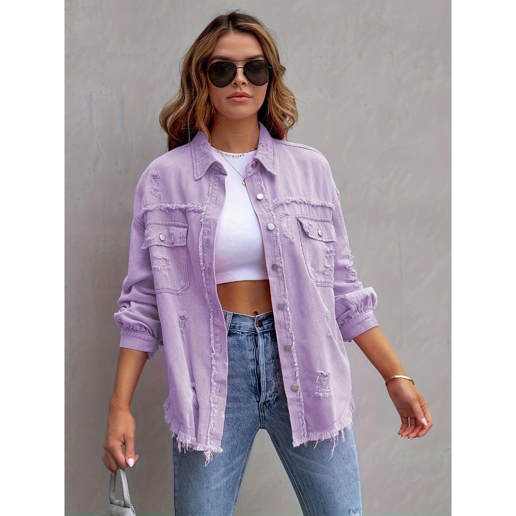 Denim Jacket Women Solid Color Loose,Jacket Hole Breaking Long Sleeve Women's Denim Shirt