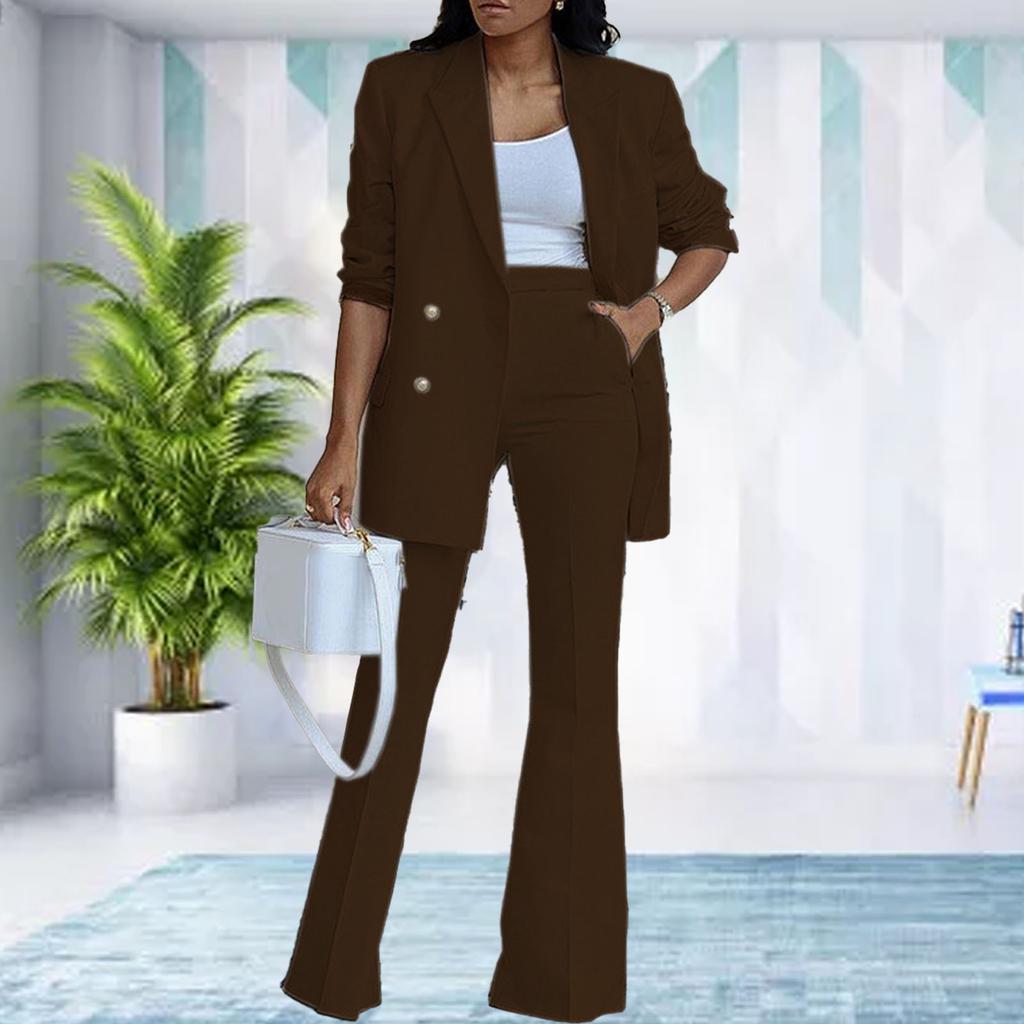 Women 2 Pieces Suit Plain Color Wide Leg Trousers Turn Down Collar 2 Pieces Long Pants Suit for