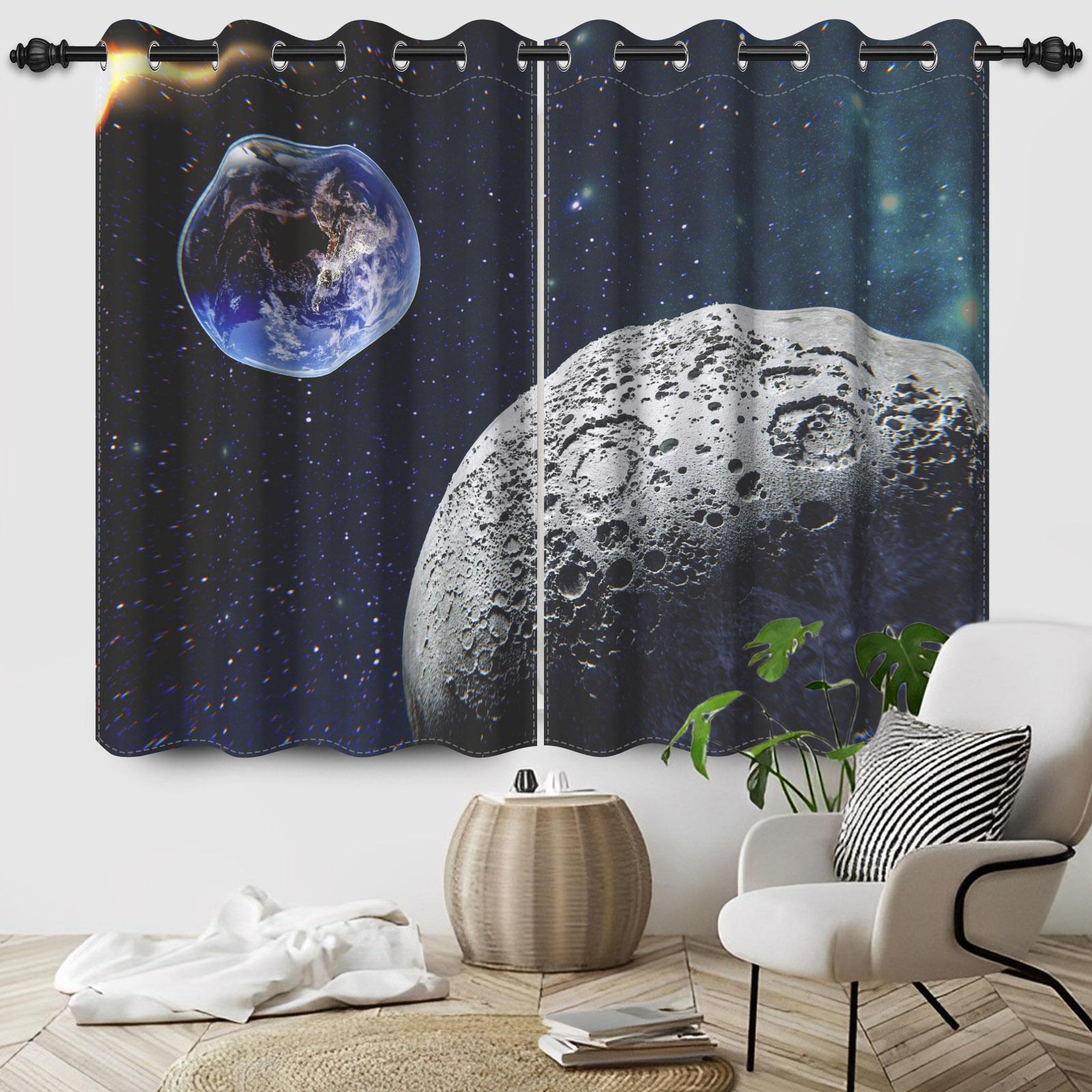 

Set Planet Earth Black Window Curtain Night Sky Round Moon Home Bedroom Living Room Decoration Polyester Curtains Light Blocking Of 2 Made Area Decor W100*H130(CM)-Rod Pocket&2PCS