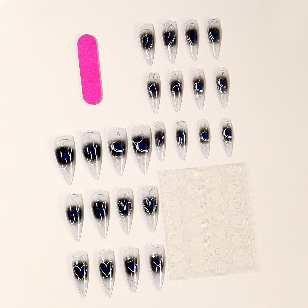 Y2K Long Teardrop Ombre Blue False Nails with Irregular Lines - Pointy Detachable Manicure Tips