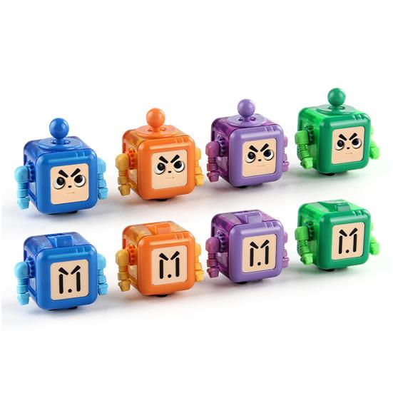 6-Side Stress Relief Cube Toy Multifunctional Anxiety Relief Cartoon Robot Sensory Cube with Spinning Arm Popping Button Joystick Toggle Switch