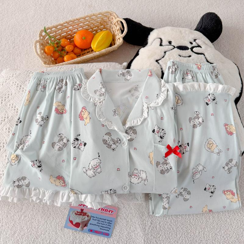 Süße Welpen-Imitation Baumwollkante hochwertiger Sommer Damenpyjama kurzärmelige Loungewear dreiteiliges Set