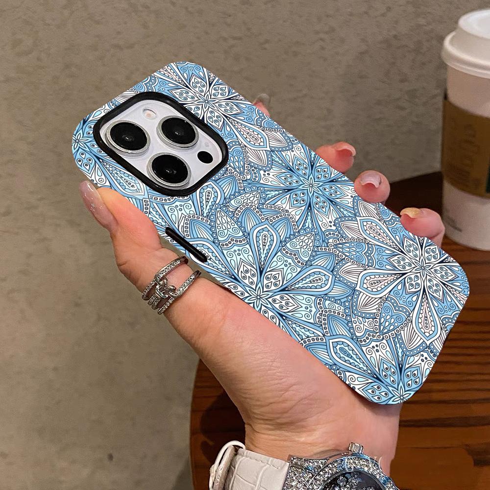 Blue Floral Pattern 2-in-1 Phone Case Suitable for iPhone 17 16 15 14 13 12 11 Pro/Max/Plus Anti Drop and Shockproof Back Cover