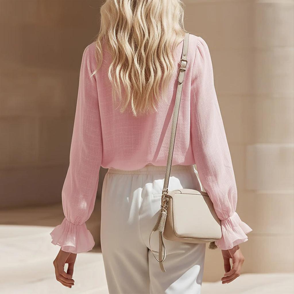 Women V Neck Long Sleeve Ruffle Trim Blouse Vintage Style Pullover Top Lightweight Casual Loose Fit Shirt for Daily Wear