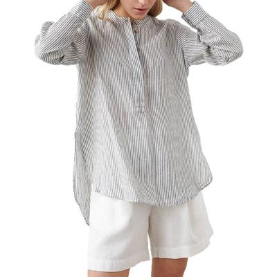 Camisa Casual de Algodón y Lino a Rayas, de Manga Larga, Cuello Alto y Semiabierta para Mujer