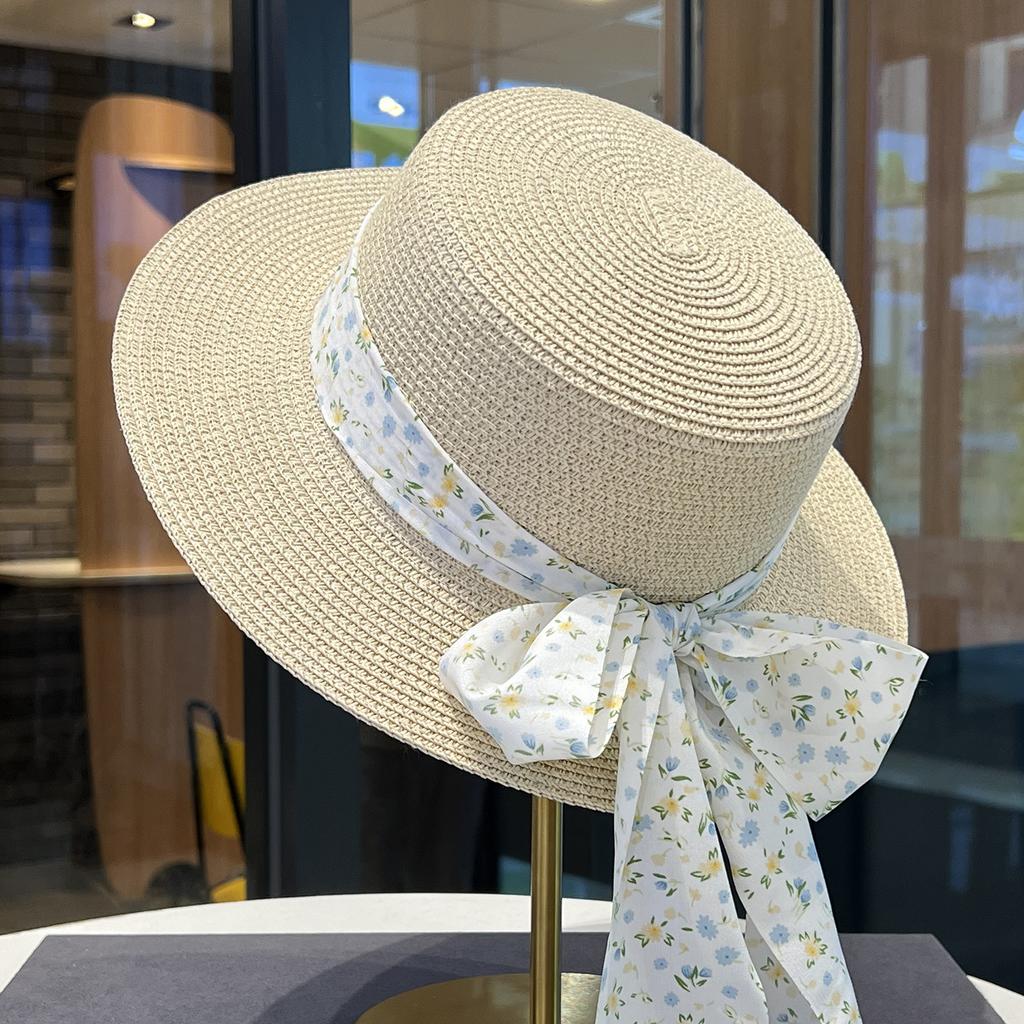 2025 Summer Floral Lace-up Flat-top Straw Hat Children's Large Brim Seaside Vacation Sunshade Sun Hat