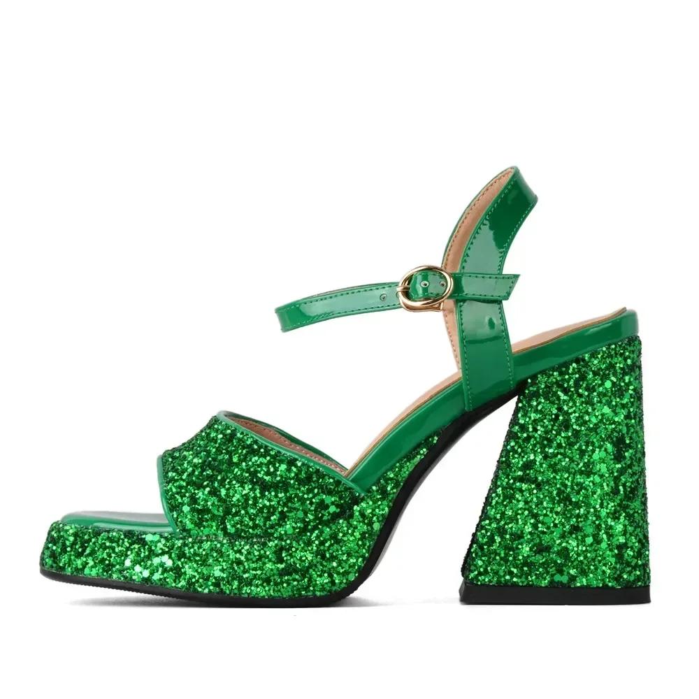Damen Glitzernde Pailletten Plateau Sandalen Silber Gold Party Schuhe Sommer Absatz Chunky Heel Peep Toe Pailletten Damen Pantoletten Sandalen