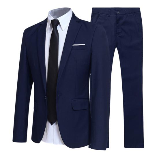 1 Set Men Jacket Pants Solid Color Turndown Collar Slim Fit Business Suit Set Plus Size Groom Blazer Trousers for Wedding Office