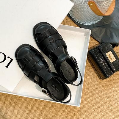 Leder Römische Schuhe Sandalen Damen Neue Mode Lässig Vielseitig Taschenkopfschuhe Geflochten Hohl Flache Plateau Damenschuhe
