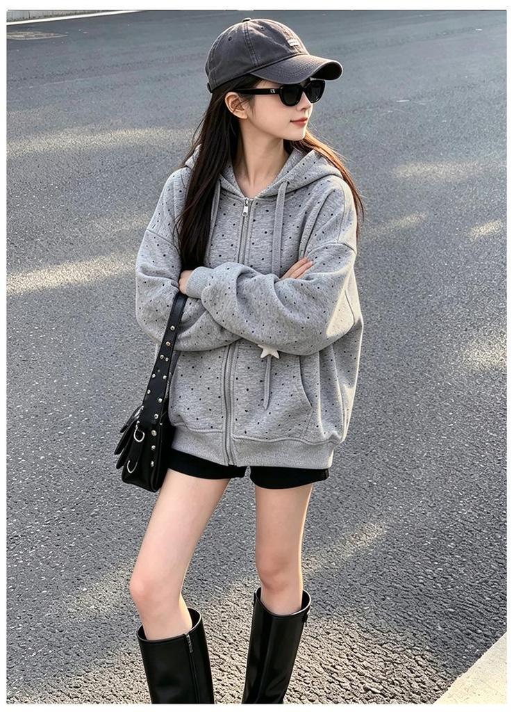 American Casual Star Print Hooded Jacket for Girls - 2026 Autumn Collection - Loose Fit Zipper Sweatshirt for Big Kids