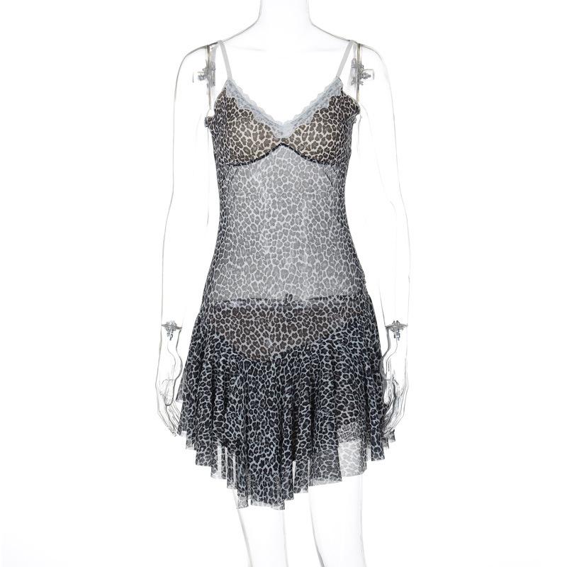 

GMXIA женское летнее платье с леопардовым принтом и глубоким вырезом, сетчатое платье с бретельками на бретелях и фланцами L чёрный