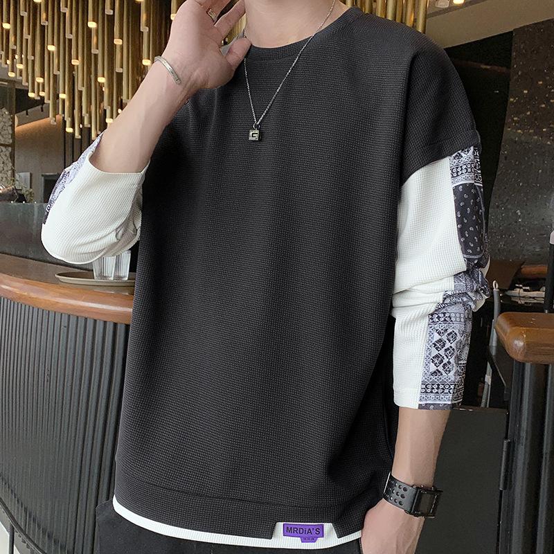 Waffle Fake Two-piece Men's Sweater Crew Neck Spring and Autumn Trendy Brand Cashew Flower Long Sleeve Design Sense Niche Clothes