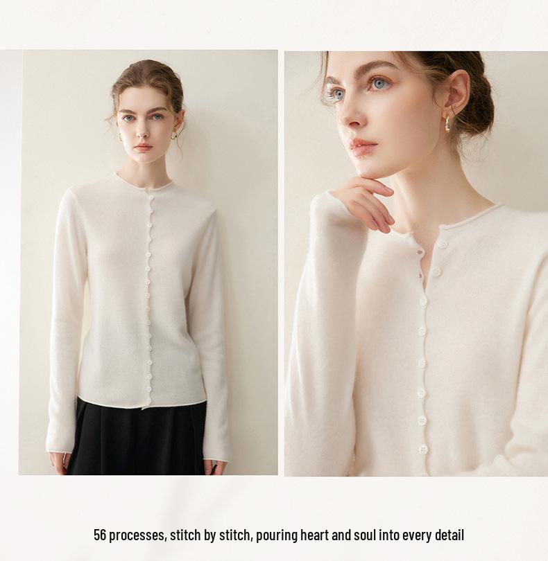 Women's 100% Cashmere Cardigan - Autumn/Winter Rolled Edge, Round Neck Buttoned Knit Sweater Coat