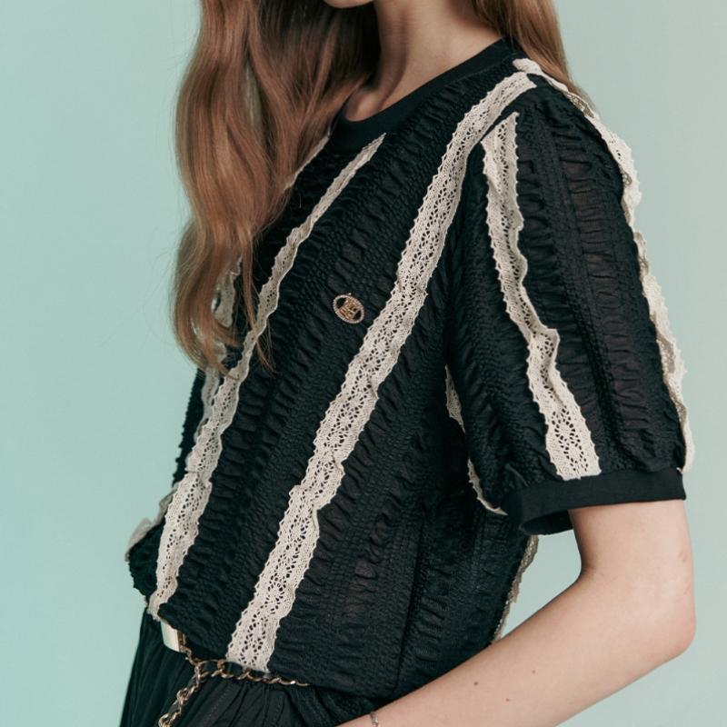 MAXZA Lace Block Embo ShorT Sleeve T shirT zc07qT003on