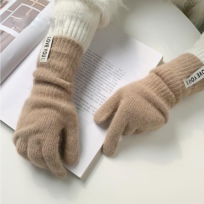 Dopamine dew finger gloves women's warm and cold-proof long winter solid color blended knitted five fingers