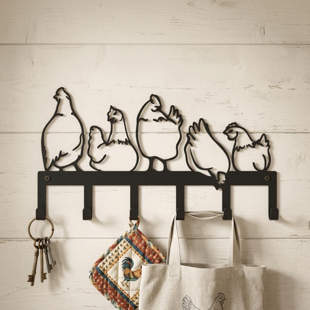 Five Hen Silhouette Wall Hanging Key Holder Vintage Clothes Storage Rack Rural Farmhouse