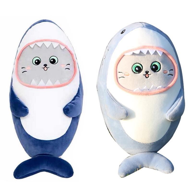 Niedriges Haifisch-Plüschkissen mit KatzenGesicht Stofftier Blau/Grau 30/60cm Superweicher Kurzer Plüsch